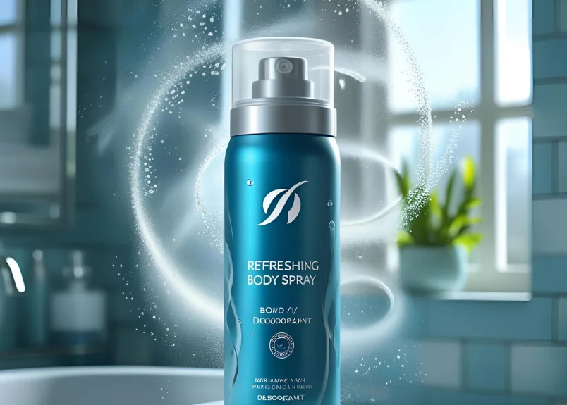 Refreshing body spray with a refreshing whiff and a room at background