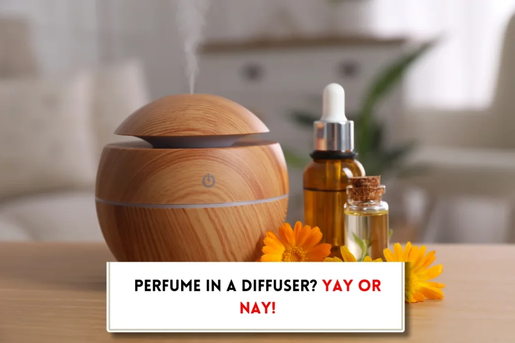 Diffuser machine and essential oil and text indicating, "Can you put perfume in a diffuser?"