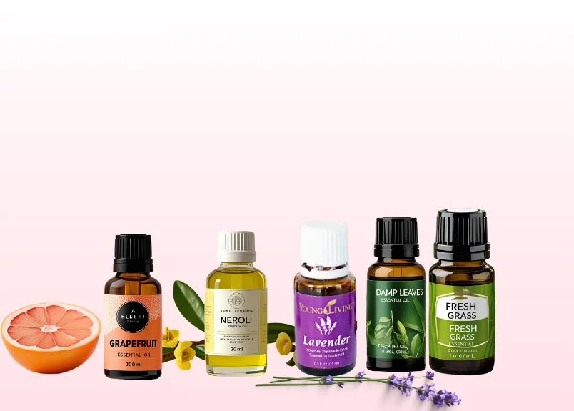 Sweet lime, lavender, neroli, damp leaves, fresh grass essence bottles, sweet lime slice, lavender stalk, neroli flower with leaves
