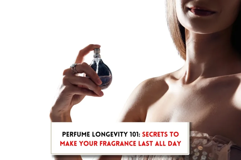 Woman applying perfume on her skin and text implying, "How long does perfume last on skin?"