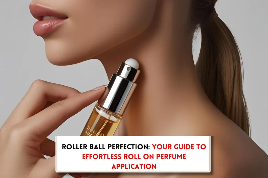 Woman applying rollerball perfume and text telling how to apply rollerball perfume