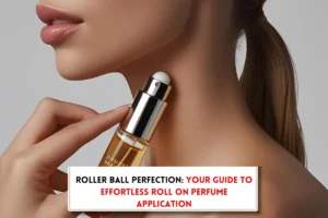 Woman applying rollerball perfume and text telling how to apply rollerball perfume