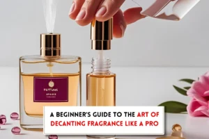 Perfume bottles, hands, flowers and text indicating, "how to decant fragrances?"