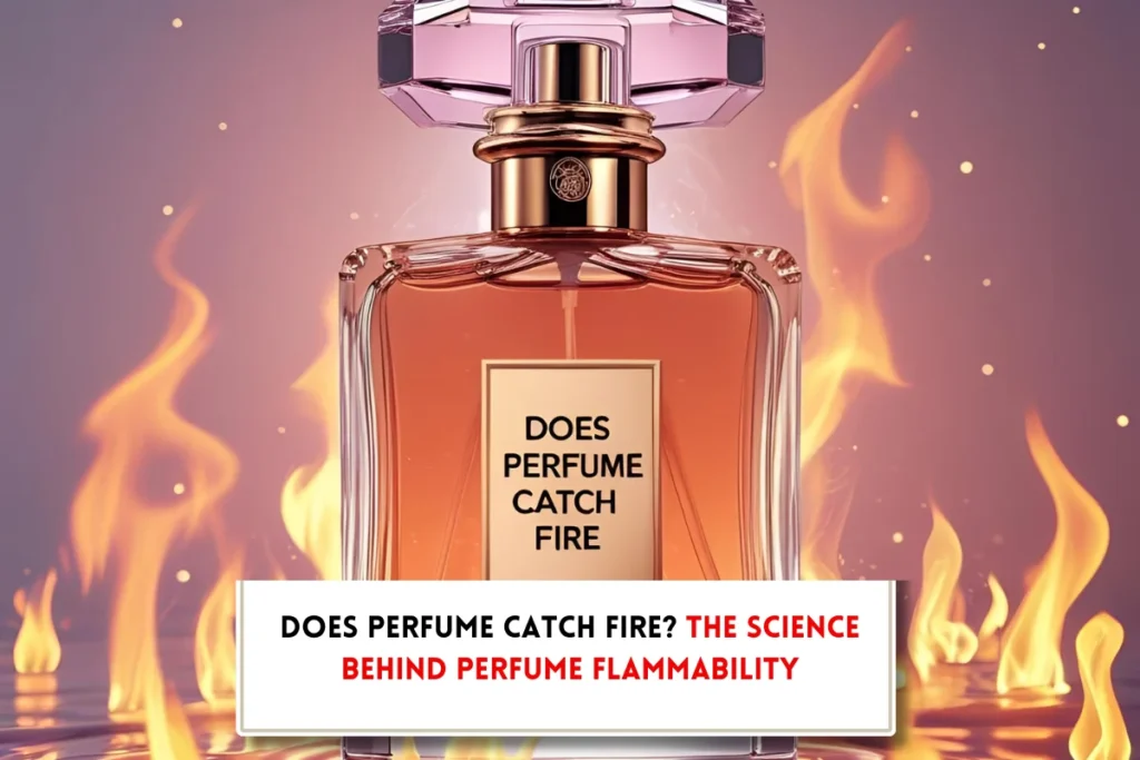 Perdume bottle and fire flames and text asking, "Is perfume flammable?"