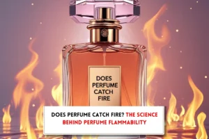Perdume bottle and fire flames and text asking, "Is perfume flammable?"