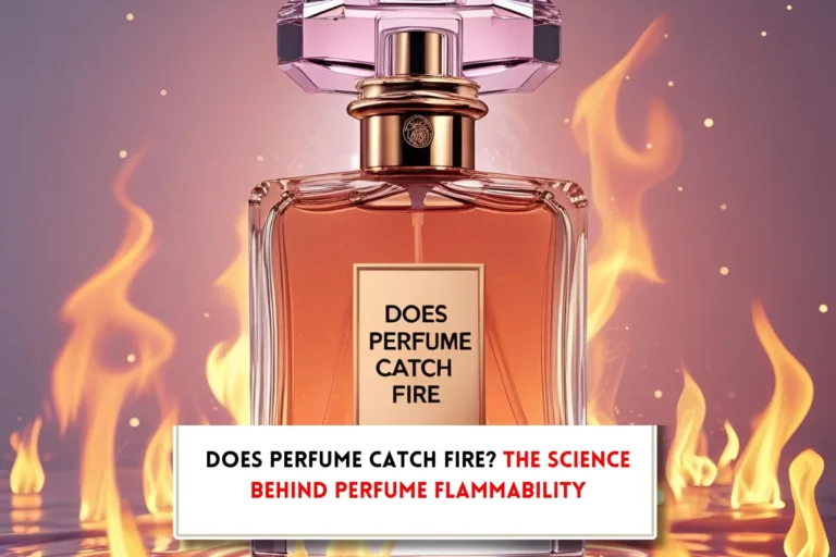 Perdume bottle and fire flames and text asking, "Is perfume flammable?"