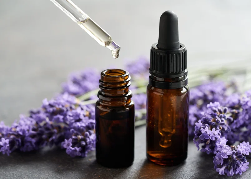Lavender flower and essential oil and dropper