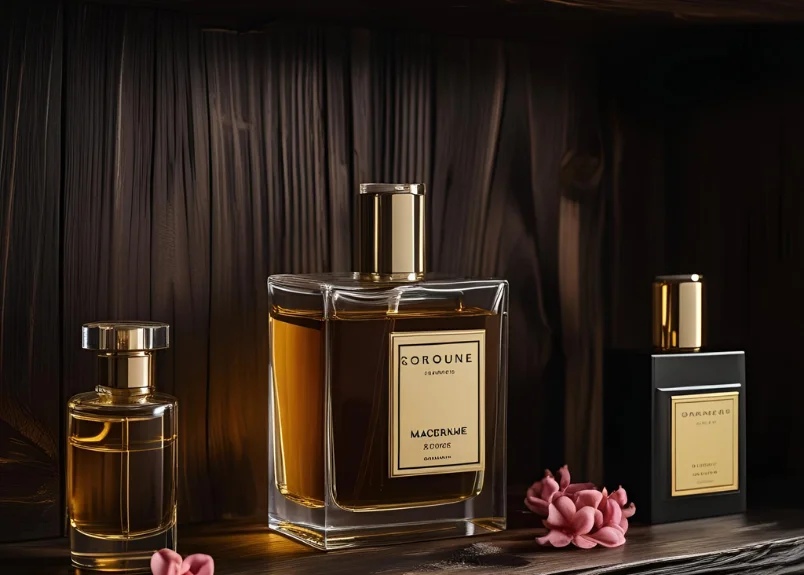 Perfume bottles on a coll, dark shelf