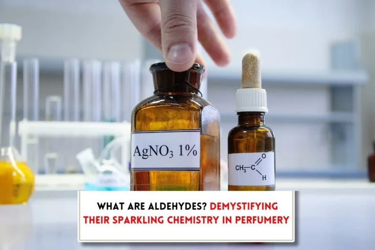 Aldehyde bottles in table, hands and txt indicating "What are aldehydes in perfume?"