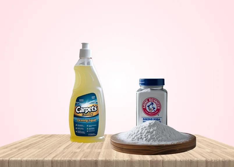 Baking soda bottle and on a plate and carpet cleaning liquid on a table