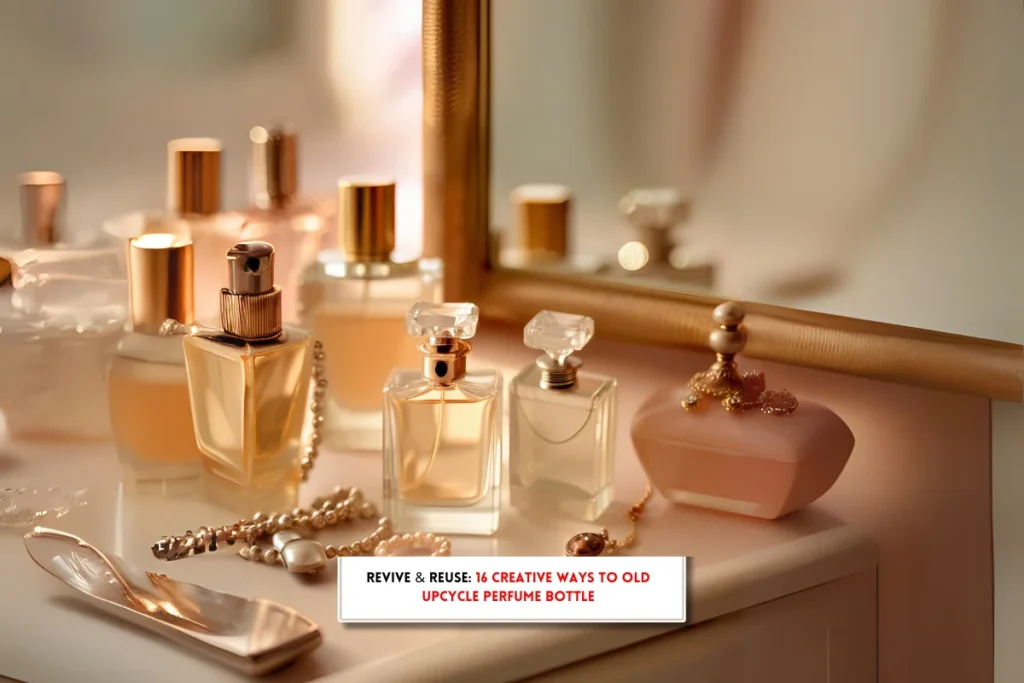 Different perfume bottles on a dresser nd text indicating, How to upcycle old perfume bottles