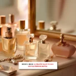 Different perfume bottles on a dresser nd text indicating, How to upcycle old perfume bottles