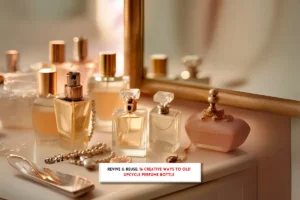 Different perfume bottles on a dresser nd text indicating, How to upcycle old perfume bottles